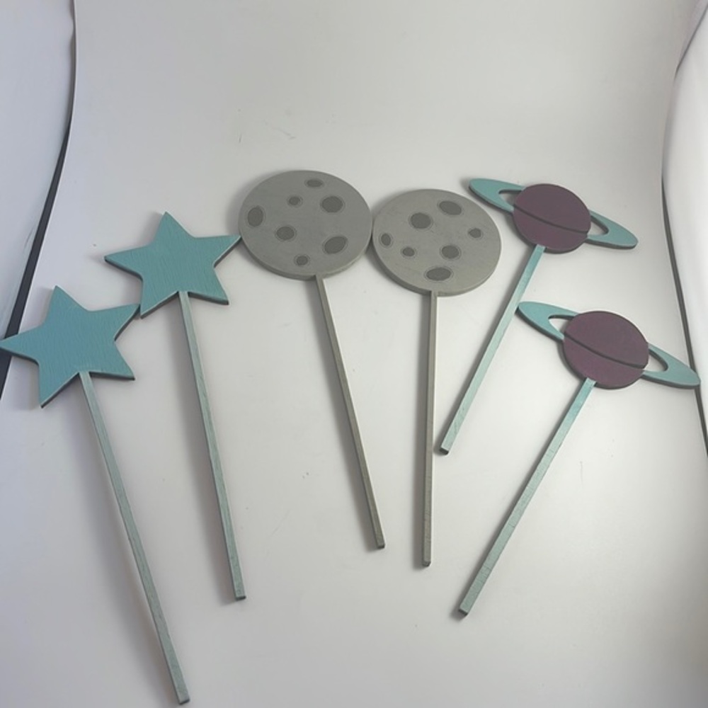 Outer Space Cake Toppers Wood NEW Set of 6 - Picture 1 of 9